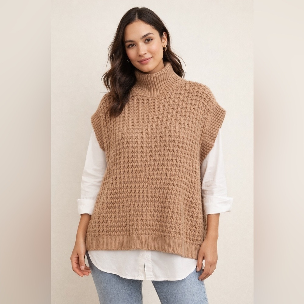 Chunky Knit Sleeveless Turtleneck Sweater Vest Camel Brown Size M